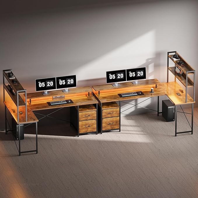 Maihail L Shaped Desk with Shelves,Reversible Computer Desk with LED Lights and Charging Station,Home Office Corner Desk with Monitor Stand,Brown2