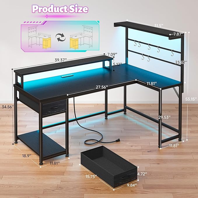 EnHomee 53" L Shaped Gaming Desk with RGB LED and Power Outlets, Reversible Corner Desk with Monitor Stand, Computer Desk with Deep Drawer & Storage Shelf for Home Office & Gaming, Black