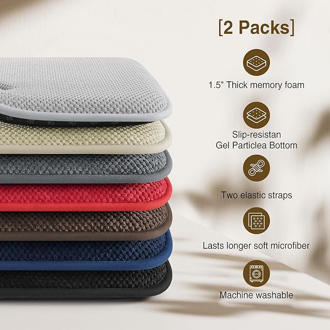 puredown® Chair Cushions for Dining Chairs, Set of 2 Memory Foam Seat Cushions with Non-Slip Backing & Ties, 16" x 16" x 1.5", Comfortable & Supportive Dining Chair Pads for Kitchen, Navy