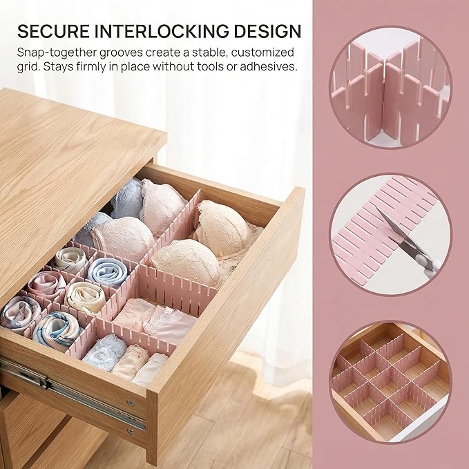 16 Pcs Adjustable Drawer Dividers, DIY Plastic Grid Separators for Clothes, Socks, Underwear, Kitchen and Office, Cuttable Drawer Organizer Dividers, 14.5 x 2.7 in (4 Packs of 4)（White）