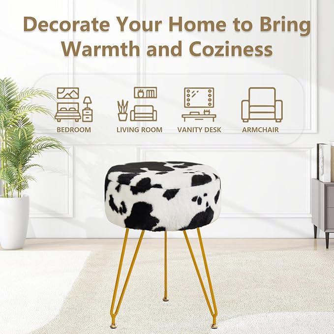 Velvet Vanity Stool, Modern Ottoman Foot Rest Stool with Adjustable Golden Legs, Makeup Chair for Vanity, Multifunctional Makeup Stool for Vanity, Small Vanity Chair for Bedroom, Cow
