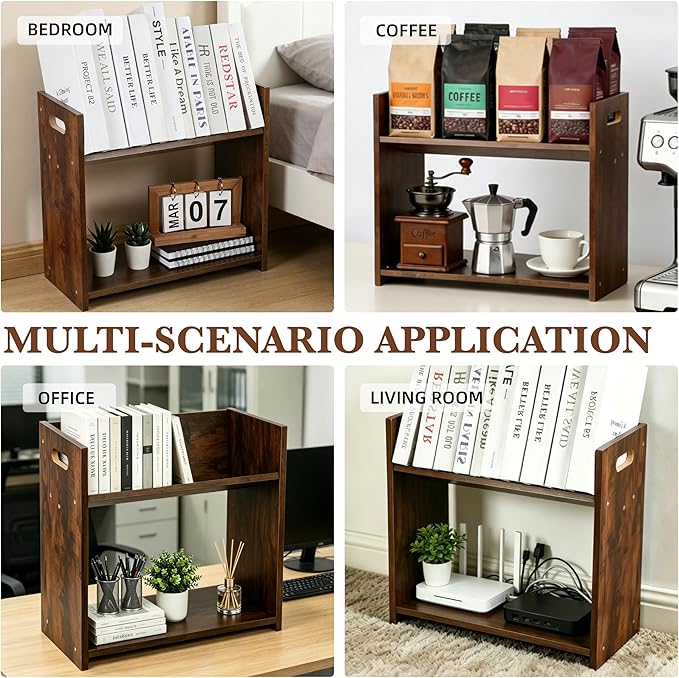 Desktop Bookshelf, 2 Tier Desk Shelf Organizer, Wood Office Tabletop Bookcase, Small Tabletop Book Rack, Portable Mini Bookcase for Book Display, Office, Home, Bedroom, Storage and Display