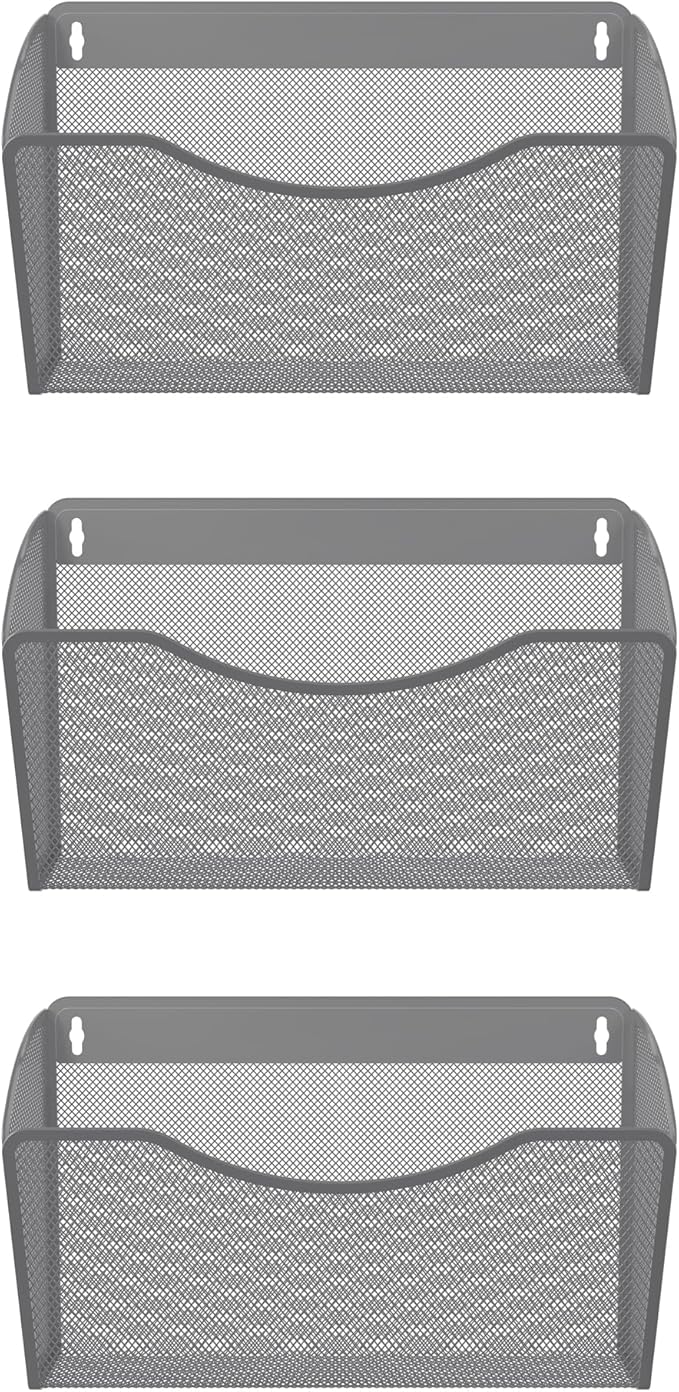 EasyPAG 3 Pack Wall File Organizer, Metal Mesh Hanging File Folder Holder for Letter/A4 Size Folders, Vertical Wall Mount Mail Sorter for Office Paperwork, Classroom, Silver