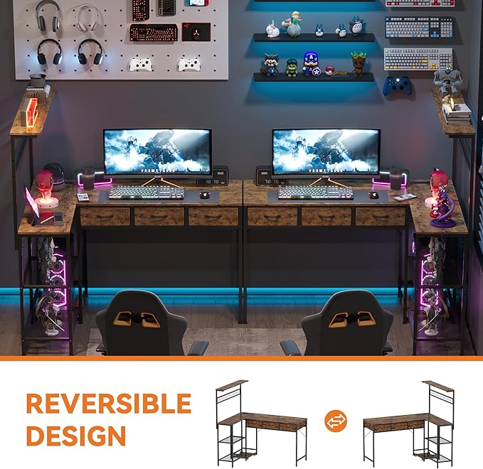 Garvee Computer Desk with 3 Fabric Drawers, 50.4 in l-Desk Display Shelves with Led Light & Power Outlet, PC Table Workstation for Home Office, Gaming Desk for Small Spaces, Rustic Brown