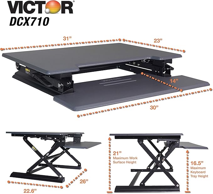 Victor DCX710G High Rise Collection Height Adjustable Standing Desk with Keyboard Tray (Gray) - Sturdy Steel Frame, Dual Lever Release System, 2 Tiered Wooden Work Surface and Keyboard Tray, 31 Inches