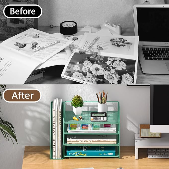 4-Tier Paper File Organizer with Drawer, Metal Desk Organizer, Tiered Paper Tray for Letter/A4 Files, Desktop Office Supplies Storage Rack, Green