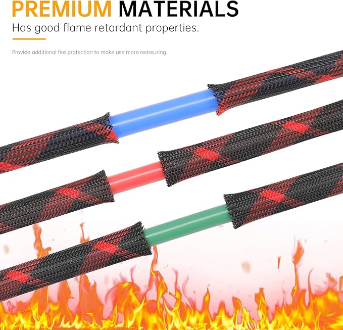 Braided Cable Sleeve, 33ft Expandable Wire Loom for Automotive Wiring Harness & PC Case, Pet-Proof Chew Resistant Cord Protector, Flexible Cable Management (Black-Red, 16mm (5/8"))