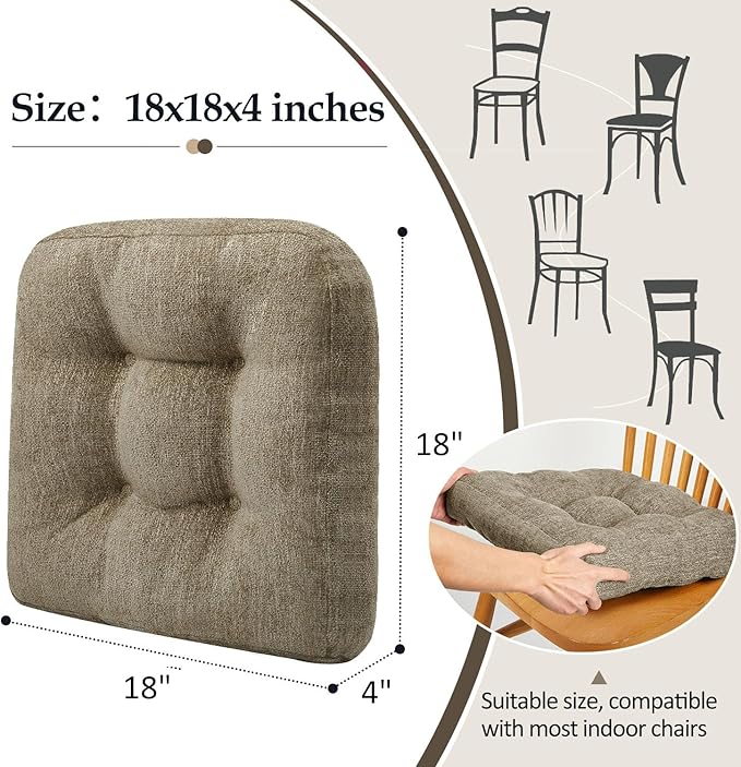 downluxe Chair Cushions for Dining Chairs 2 Pack, Tufted Indoor Chair Pads with Non-Slip Bottom, U-Shaped Kitchen Chair Cushions, 18"x18"x4", Khaki