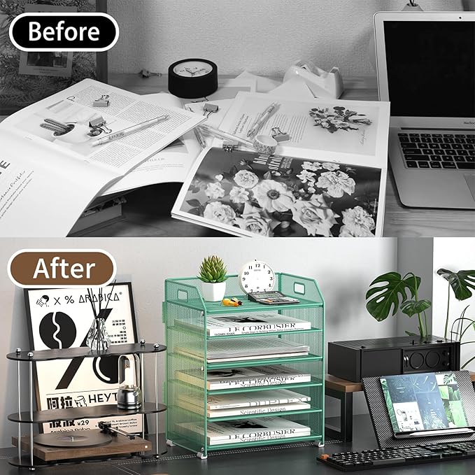 6 Trays Paper Organizer Letter Tray with Pull-Out Drawer, Assembled Mesh Desk File Holder, Metal Paper Sorter for Office Documents, Green