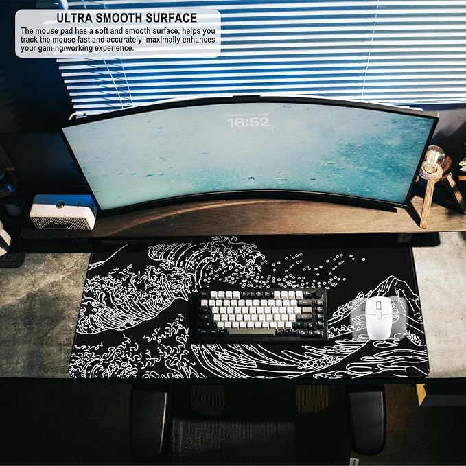 Large Mouse Pad Gaming, 31.5" x 15.7" Extended Computer Keyboard Mousepad with Non-Slip Rubber Base, Stitched Edge, Waterproof Fabric XXL Big Long Laptop Pad for Gamer, Office, Home, Waves ﻿