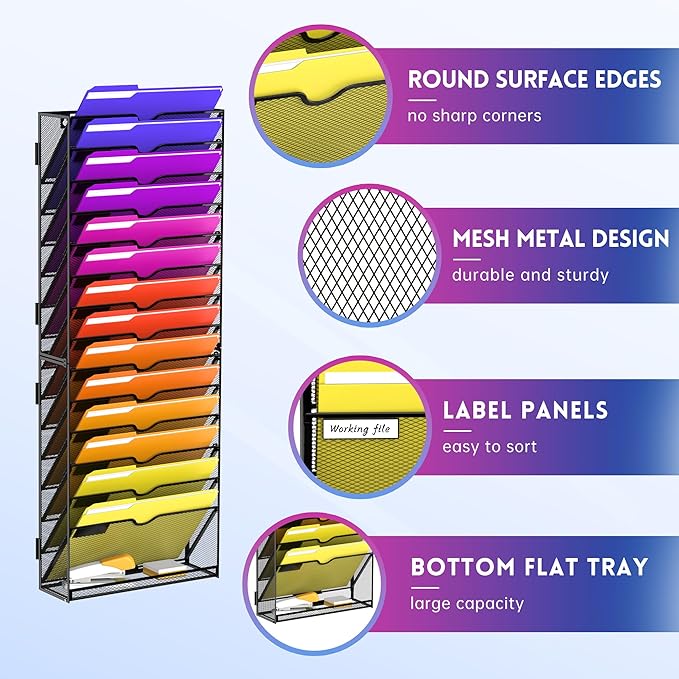 15-Tier Wall File Organizer, Wall File Holder Mesh Mail Organizer for Papers, Folders, Letters, Magazine Rack for Office Home Classroom, Black 2 Pack