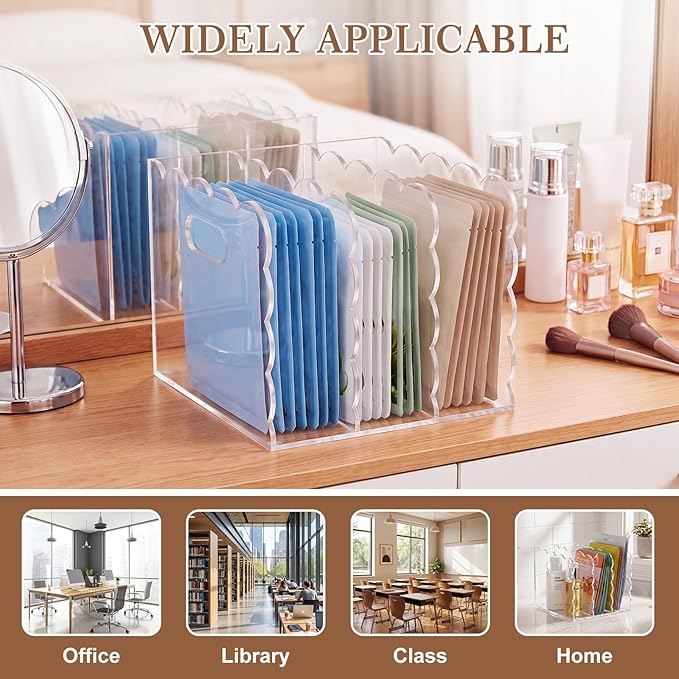Suzile Scalloped Acrylic Magazine File Holder, 3-Compartment Clear Desk Organizer Vertical Bookends Organization for Office, Binders, Documents, Tablets, Magazines, Books(6.69 x 7.48 x 6.3 Inches)