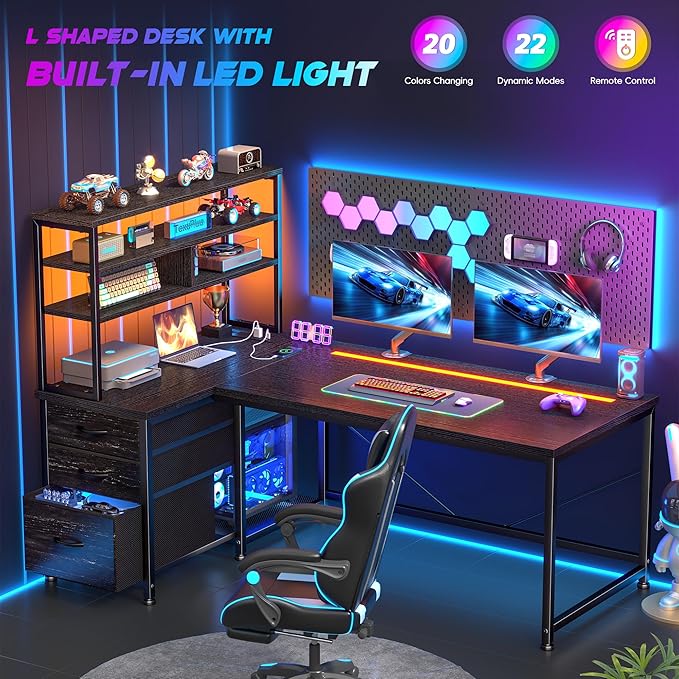 DurayLoly L Shaped Gaming Desk with 3 Tier Hutch&Shelves,47"x59" Reversible Computer Desk with 3Drawers, Tall Gamer Desk with LED Lights&Power Outlets, Home Office Corner Desk for Bedroom,Dorm,Black