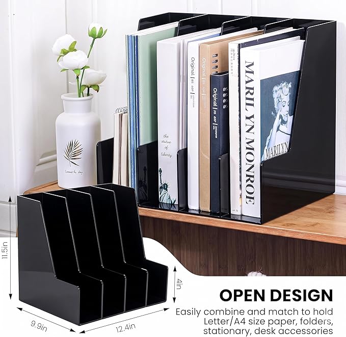 Vertical Magazine File Holder, Black File Organizer Desk Organizer and Storage Bins Holding for Magazines, Binders, Notebooks, Envelopes, Plastic Office Organization and Storage for Desk, 4 pack