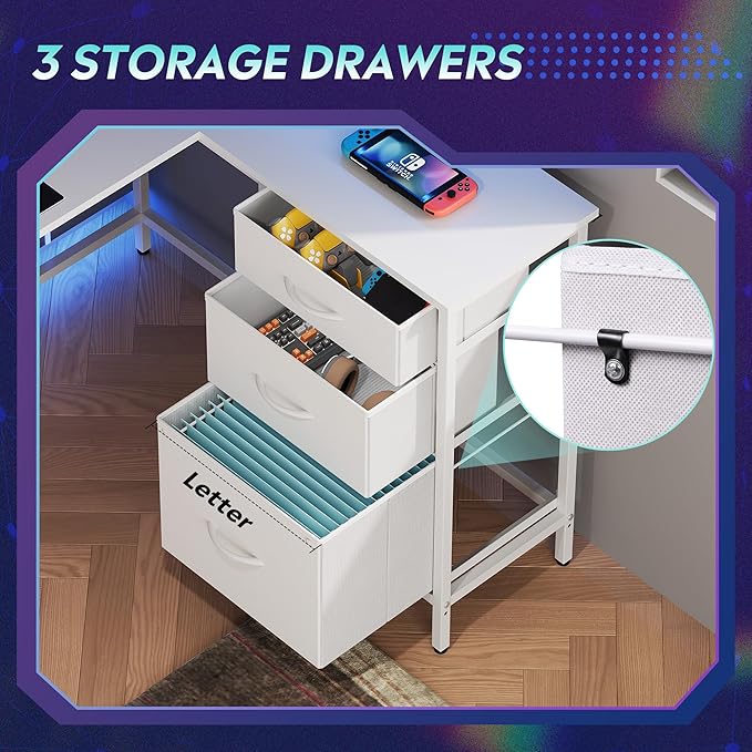DEVAISE 66 Inch L Shaped Gaming Desk with Drawers and Storage, Corner Desk with LED Lights, Power Outlets, Computer Desk with Monitor Stand, Office Desk for Home, White