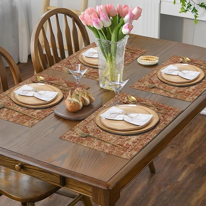 Boho Style Red Placemats Set of 4,Vintage Elegant Farmhouse Table Center Linen Decor,12x18 Inch Country Rustic Farmhouse Magical Fall Table Mats for Party Kitchen Dining Decoration
