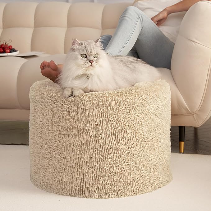 Hansleep Round Stuffed Pouf Ottoman 20 x 15, Foam Filled Faux Fur Ottoman Foot Rest for Chair with Washable Cover, Foot Stools Under Desk for Living Room & Bedroom, Brown