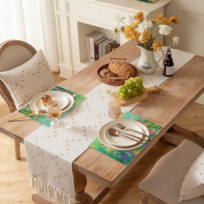 Colorful Hummingbird Flowers Table Placemats Set of 6, Linen Placemats 12x18 Inch, Washable Non Slip Heat Resistant Mats for Dining Table Kitchen Indoor Use