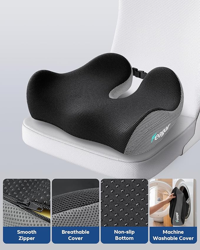 Feagar Seat Cushion for Office Chair - Memory Foam Tailbone Cushion for Desk Chair, Car Seat and Wheelchair - Ergonomic Chair Pad for Hip and Lower Back Comfort Gray