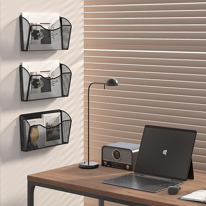 EasyPAG 3 Pack Wall File Organizer, Metal Mesh Hanging File Folder Holder for Letter/A4 Size Folders, Vertical Wall Mount Mail Sorter for Office Paperwork, Classroom, Black