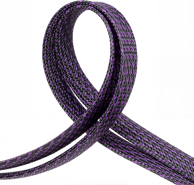 Braided Cable Sleeve, 33ft Expandable Wire Loom for Automotive Wiring Harness & PC Case, Pet-Proof Chew Resistant Cord Protector, Flexible Cable Management (Purple Black, 6mm (1/4"))