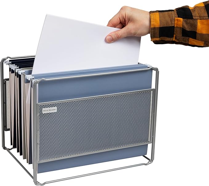 Mind Reader Hanging File Folder Organizer, Desktop Organizer, Storage, Office, Metal Mesh, Silver