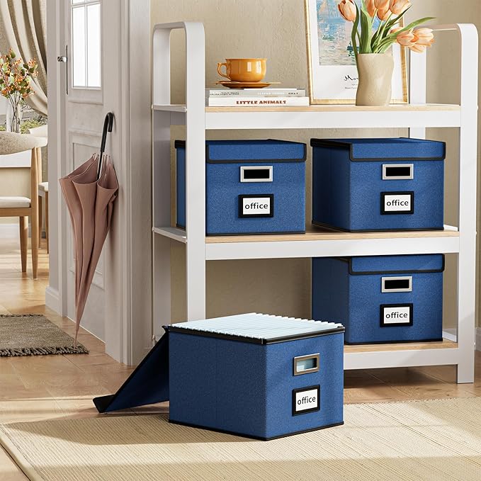 Decorative File Organizer Boxes Office Document Storage with Lids, Portable Collapsible Linen Hanging Filing & Storage Boxes for Office/Decor/Home (Royal Blue) -14.9 x 12.7 x 10.8 inch -2 Pack