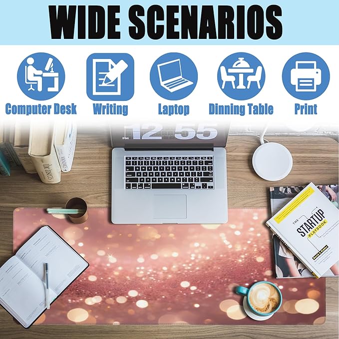 XL Mouse Pad,Rose Pink Glitter Large Gaming Mouse Pad,Gold Sparkles Desk Mat for Desktop,Extended Big Computer Keyboard Desk Pad with Non-Slip Base and Stitched Edge 31.5"x11.8"