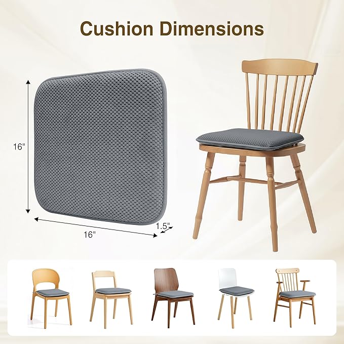 puredown® Chair Cushions for Dining Chairs, Set of 2 Memory Foam Seat Cushions with Non-Slip Backing & Ties, 16" x 16" x 1.5", Comfortable & Supportive Dining Chair Pads for Kitchen, Grey