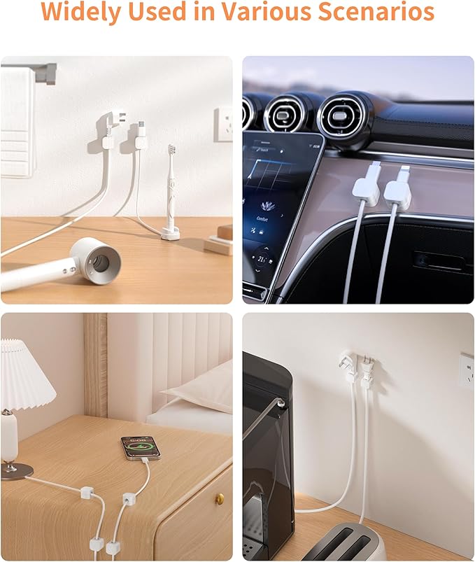 9Pack Cable Organizer Clips, Magnetic Cable Holder (1s Lock), XOVRAETH Strong Adhesive Wire Management for Desk, Nightstand, Living Room, Kitchen, Office, Car(Whites)