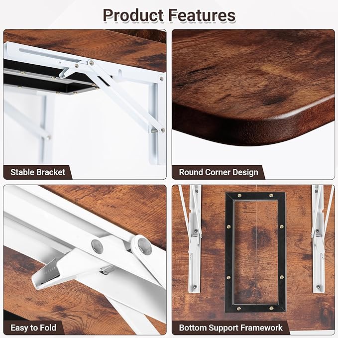 Neoaider Wall Mounted Folding Desk 23.6” x 15.7”, Drop Down Table with Metal Collapsible Brackets, Folding Wall Table for Small Spaces, Home, Office, Kitchen, Laundry Room-Brown