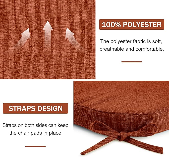 downluxe Indoor Chair Cushions for Dining Chairs, Soft and Comfortable Textured Foam Kitchen Chair Pads with Ties and Non-Slip Backing, 16" x 16" x 2", Orange, 6 Pack