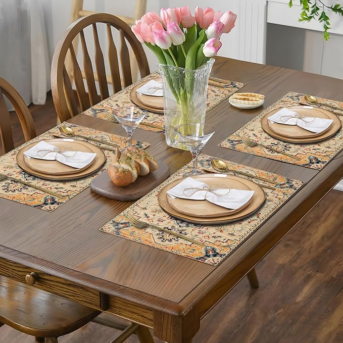Boho Style Beige Placemats Set of 4,Vintage Elegant Farmhouse Table Center Linen Decor,12x18 Inch Country Rustic Farmhouse Magical Fall Table Mats for Party Kitchen Dining Decoration