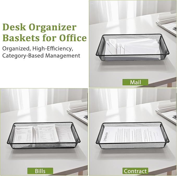 Office Metal Mesh Basket for Desk, Single Paper Tray Organizer, Turn in Trays Classroom, Flat Mail Letter Storage Basket for Office Home Drawers School, Black (5 Pack)