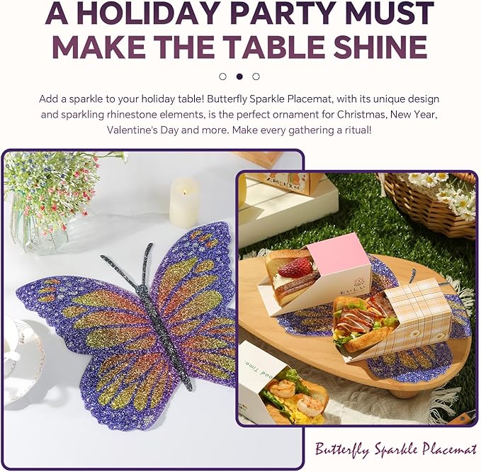 Butterfly Placemats Set of 4, Colorful Rhinestones Bling Butterfly Home Kitchen Table Decoration Place Mat,Gifts for Friends Women Mom (Purple,4PCS)