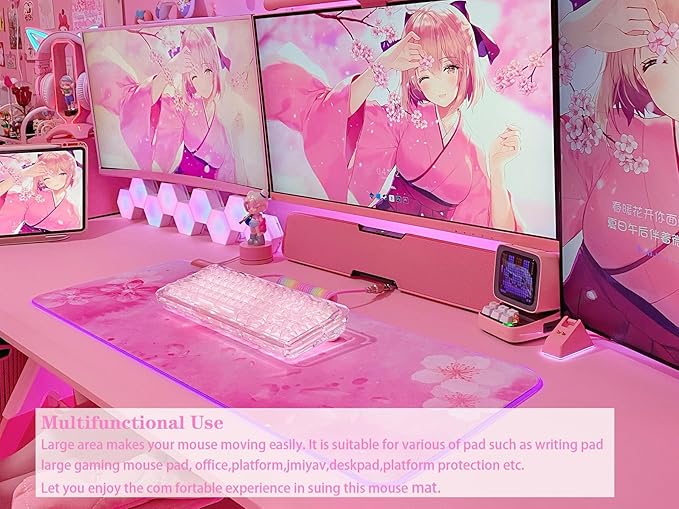 JMIYAV RGB Cherry Blossom Gaming Mouse Pad Pink 31.5x12 Inch PC XL Large Extended Glowing Led Light Up Desk Pad Non-Slip Rubber Base Computer Keyboard and Mouse Pad Cute Mousepad