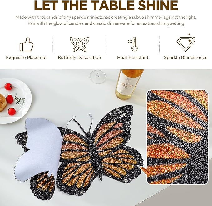 Butterfly Placemats Set of 4, Colorful Rhinestones Bling Butterfly Home Kitchen Table Decoration Place Mat,Gifts for Friends Women Mom (Yellow,4pcs)