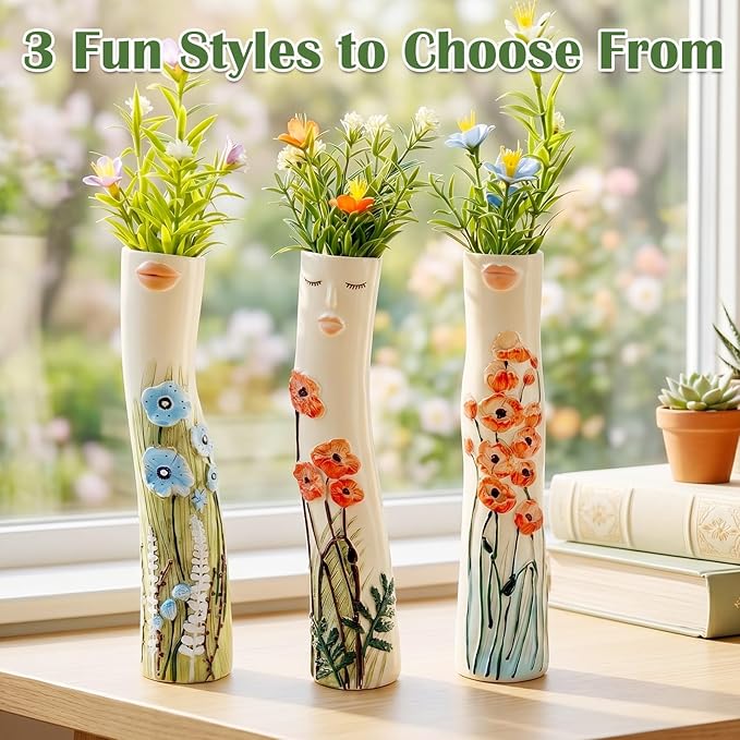 Cute Face Bud Vase, Hand Painted Resin Mini Vase, Boho Decorative Vase for Desk Shelf Living Room Decor, Unique Gift Idea for Women (Lips & Blue Blooms)