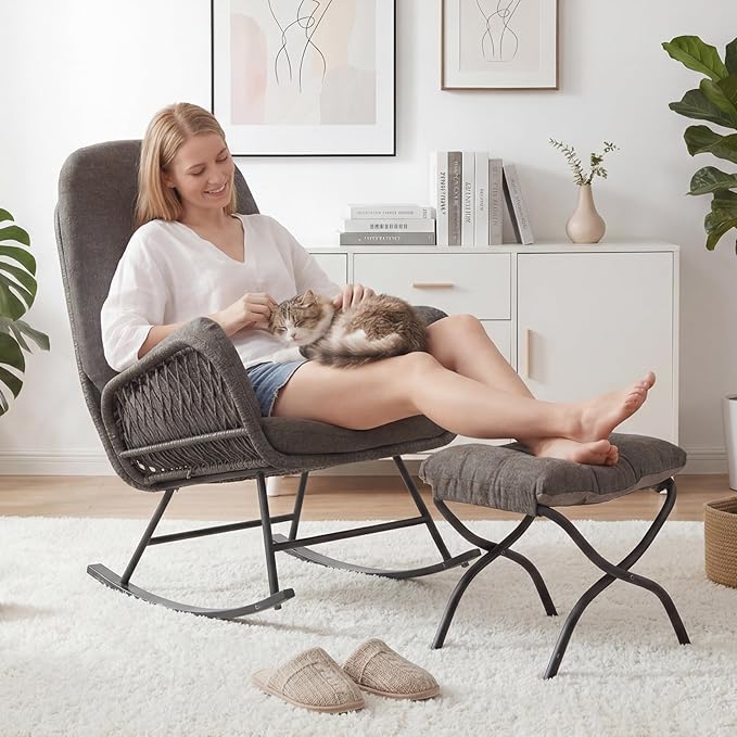 Outdoor Rocking Chairs with Ottoman Set of 2, Patio Glider Rocking Chair with Cushion, Comfy Rattan Lounge Chairs for Bedroom, Living Room, Dark Gray