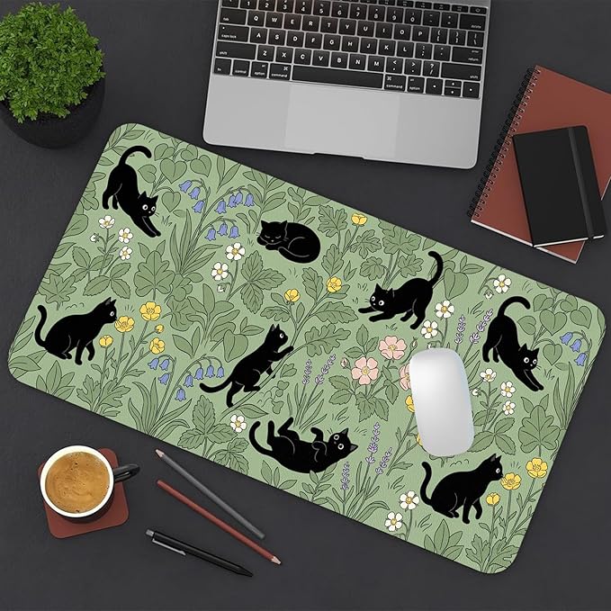 Cute Desk Mat, Grassland Cat Large Mouse Pad for Desktop, PU Leather Waterproof Desk Pad, Anti-Slip Computer PC Laptop Protector Gaming Mouse Pads for Office Home Decorations (27.5" x 13.8")