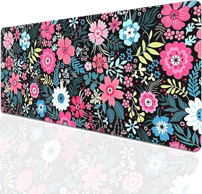 Boho Floral Large Mouse Pad Desk Pad, 27.5x11.8in Pink and Blue Flower Extended Keyboard Mousepad with Stitched Edges, Non-Slip Waterproof Rubber Base for Office, Computer & Laptop