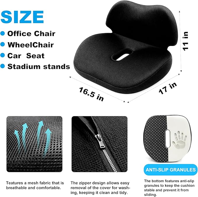 Memory Foam Seat Cushion for Office Chair, Wheelchair Cushions,Hemorrhoid Pillow,Lower Back Support,Bed Sore Cushions for Butt,Cushion for Coccyx Pressure Relieves,Washable Cover.(Set-Black)