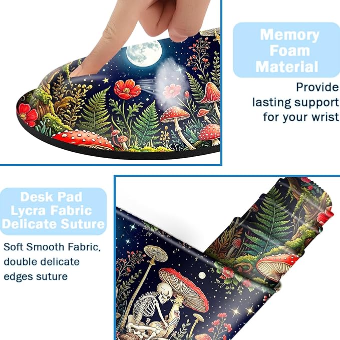 Ergonomic Mouse Pad Set with Wrist Support for Keyboard and Wrist Rest for Mouse, Memory Foam Comfort, Non-Slip Large Desk Mat for Home Office Pain Relief,Mushroom Skull Men Moon