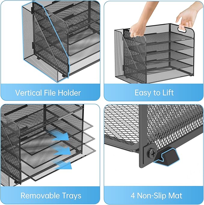 SUPEASY 5-Tier Desk Organizer with File Holder, Desk Organizers and Accessories, Paper Organizer for Desk, Mesh Desktop File Organizer, Workspace Organizers for Office Home School Classroom, Black