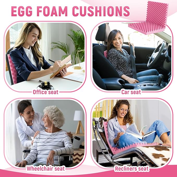 Geiserailie 1 Pcs 32 x 18 x 3 Inches Egg Foam Pad with Back Egg Foam Cushions Wheelchair Seat Cushion to Relieve Back for Office Chairs Wheelchairs Recliner Chair Accessories (Pink)