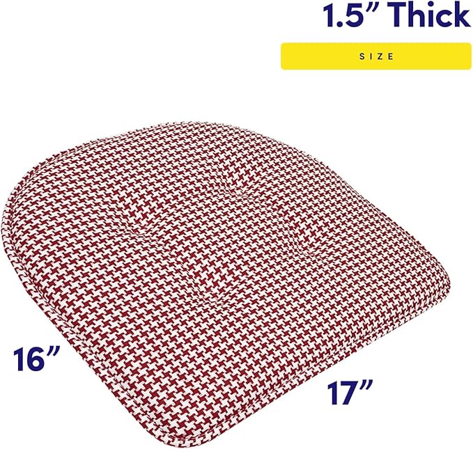 Sweet Home Collection Chair Cushion Memory Foam Pads Tufted Slip Non Skid Rubber Back U-Shaped 17" x 16" Seat Cover, 6 Pack, Houndsooth Red