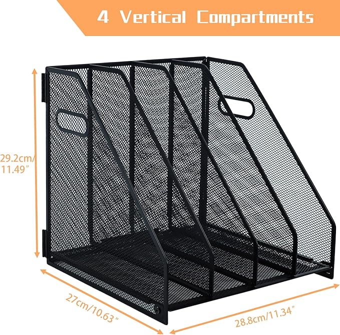 Desk file organizer metal desk magazine folder holder with 4 Vertical Compartments File Organizer for Office Home School, Black