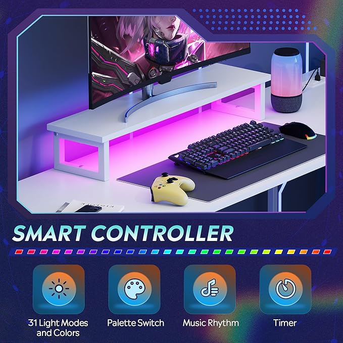 DEVAISE 66 Inch L Shaped Gaming Desk with Drawers and Storage, Corner Desk with LED Lights, Power Outlets, Computer Desk with Monitor Stand, Office Desk for Home, White