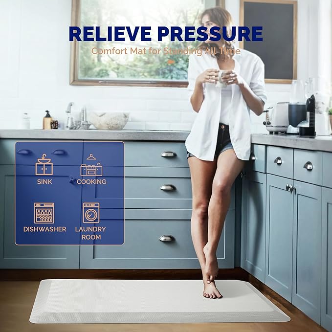 FEATOL Anti Fatigue Mats for Standing, 9/10 Extra Thick Ergonomic Standing Desk Mat, Comfort Memory Foam Standing Mat at Home,Office All Day (20" x 39", White, 2PC)