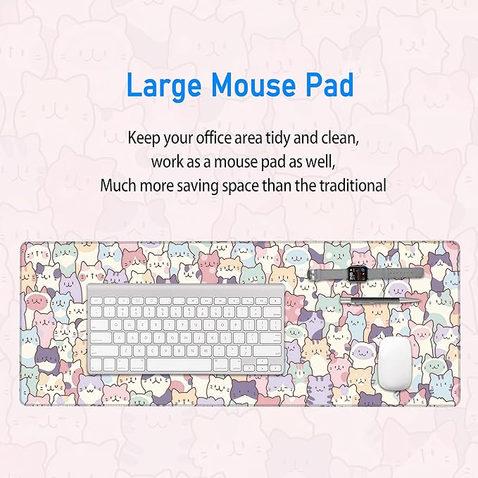 Cute Cat Mouse Pad,Large Cat Gaming Mousepad for Desk Decor,Big Kawaii Cartoon Cream Cat Keyboard Non-Slip Mousemat with Stitched Edges for Home Office Work,31.5 x 12in